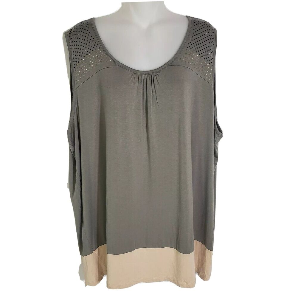 U Knit Women Tank Top Size 3X Knit Rhinestones Stretch Viscose Green Scoop Neck